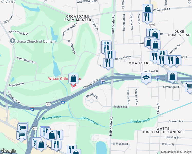 map of restaurants, bars, coffee shops, grocery stores, and more near 2770 Croasdaile Drive in Durham