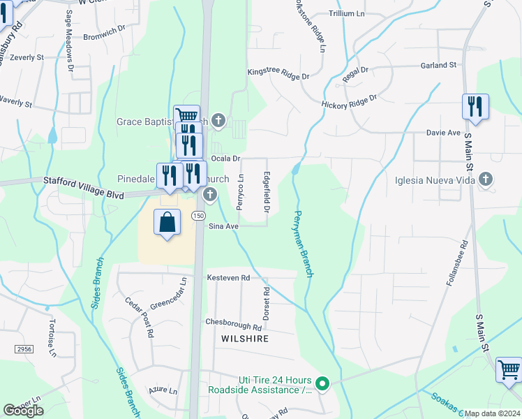 map of restaurants, bars, coffee shops, grocery stores, and more near 5070 Edgefield Drive in Winston Salem