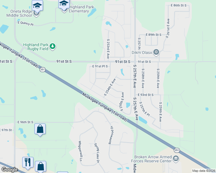 map of restaurants, bars, coffee shops, grocery stores, and more near 25410 East 92nd Terrace South in Broken Arrow