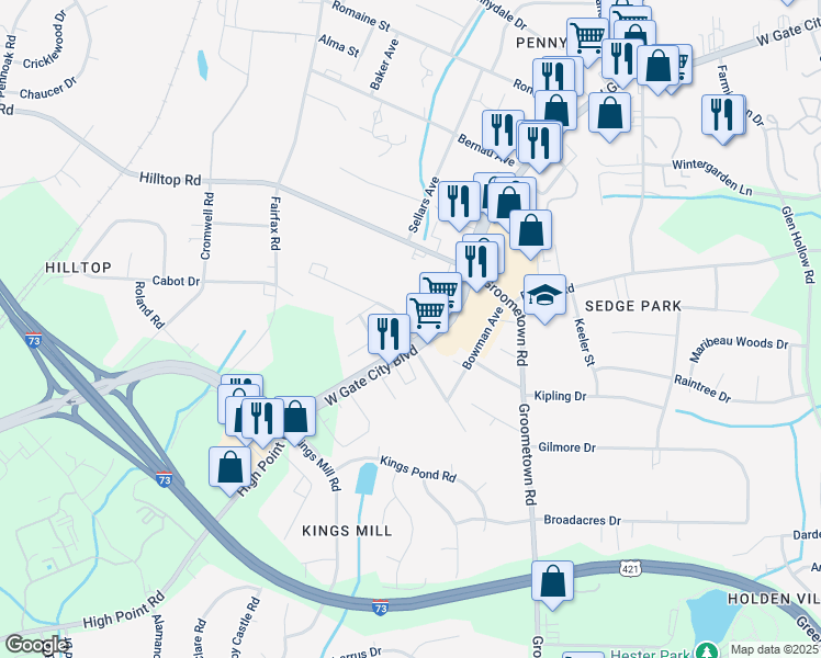 map of restaurants, bars, coffee shops, grocery stores, and more near 4740 High Point Road in Greensboro