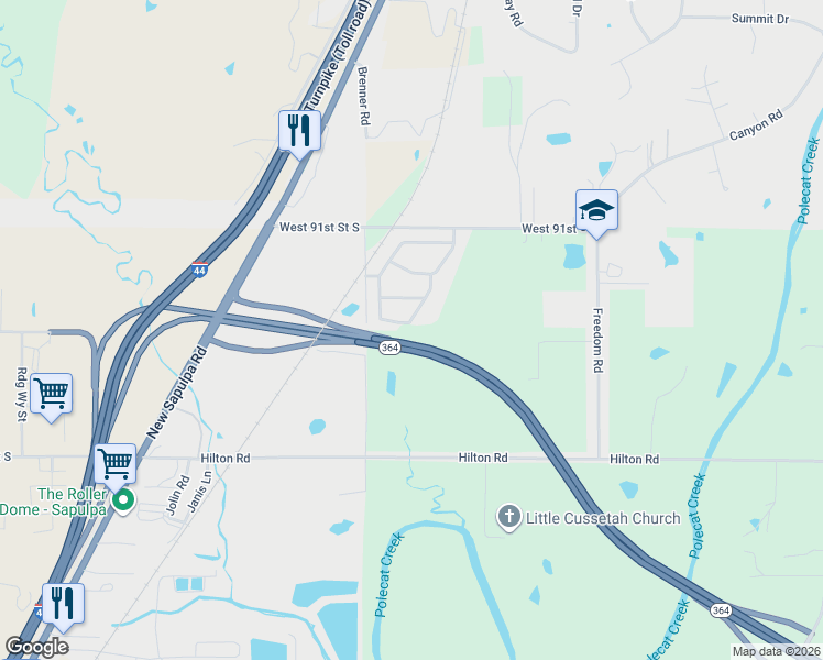 map of restaurants, bars, coffee shops, grocery stores, and more near 7950 Ridgeview Street in Sapulpa