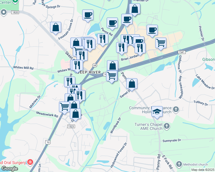 map of restaurants, bars, coffee shops, grocery stores, and more near 3750 Admiral Drive in High Point
