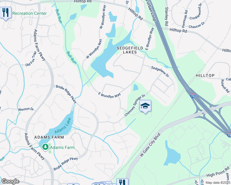 map of restaurants, bars, coffee shops, grocery stores, and more near 2614 East Woodlyn Way in Greensboro