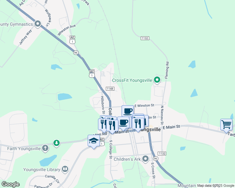 map of restaurants, bars, coffee shops, grocery stores, and more near 104 Cottage Court in Youngsville