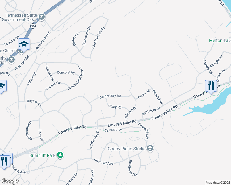 map of restaurants, bars, coffee shops, grocery stores, and more near 104 Canterbury Road in Oak Ridge