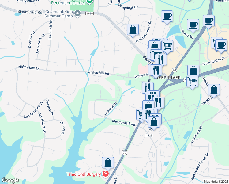 map of restaurants, bars, coffee shops, grocery stores, and more near 2503 Midview Drive in High Point