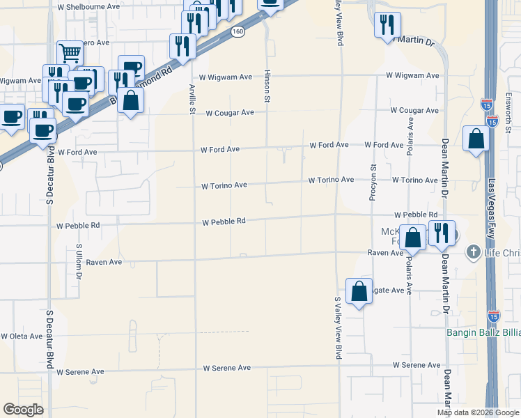 map of restaurants, bars, coffee shops, grocery stores, and more near 4164 West Pebble Road in Las Vegas