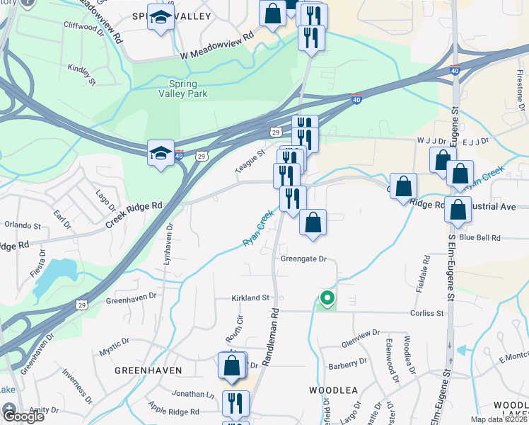 map of restaurants, bars, coffee shops, grocery stores, and more near 2610 Randleman Road in Greensboro