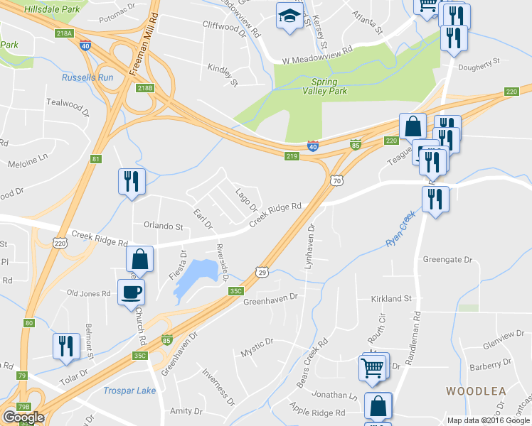 map of restaurants, bars, coffee shops, grocery stores, and more near 723 Creek Ridge Road in Greensboro
