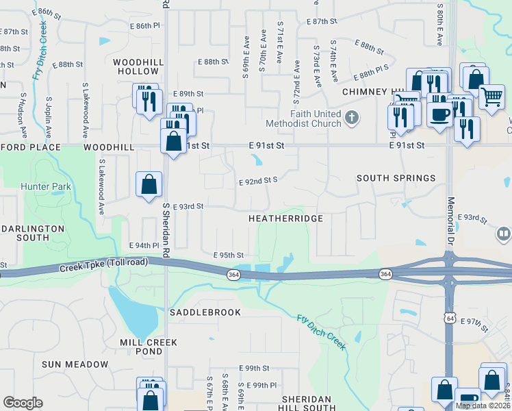 map of restaurants, bars, coffee shops, grocery stores, and more near 9240 South 71st East Avenue in Tulsa