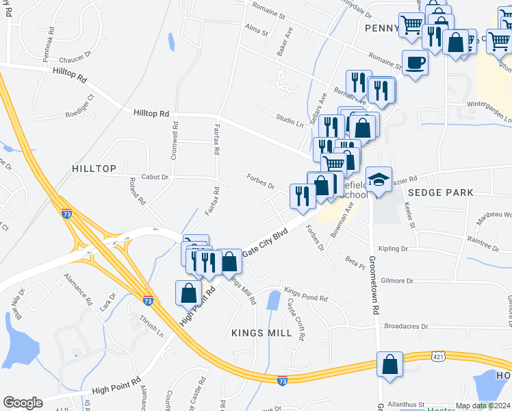 map of restaurants, bars, coffee shops, grocery stores, and more near 2600 Hilltop Forest Court in Greensboro