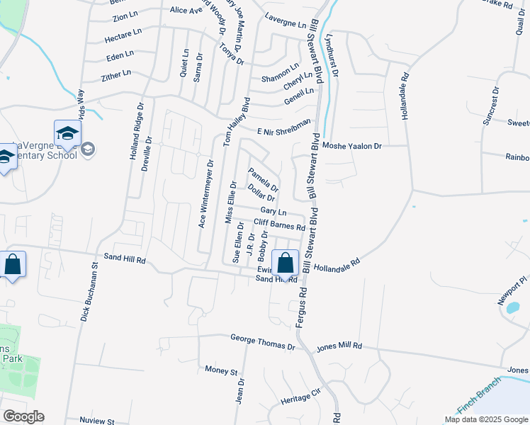 map of restaurants, bars, coffee shops, grocery stores, and more near 1326 Gary Lane in La Vergne