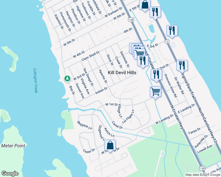 map of restaurants, bars, coffee shops, grocery stores, and more near 707 Indian Drive in Kill Devil Hills