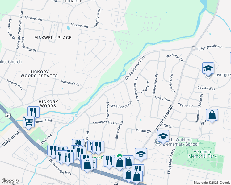 map of restaurants, bars, coffee shops, grocery stores, and more near 2711 Pickards Point in La Vergne