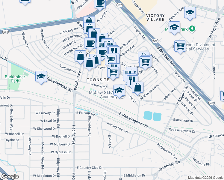 map of restaurants, bars, coffee shops, grocery stores, and more near 23 West Basic Road in Henderson