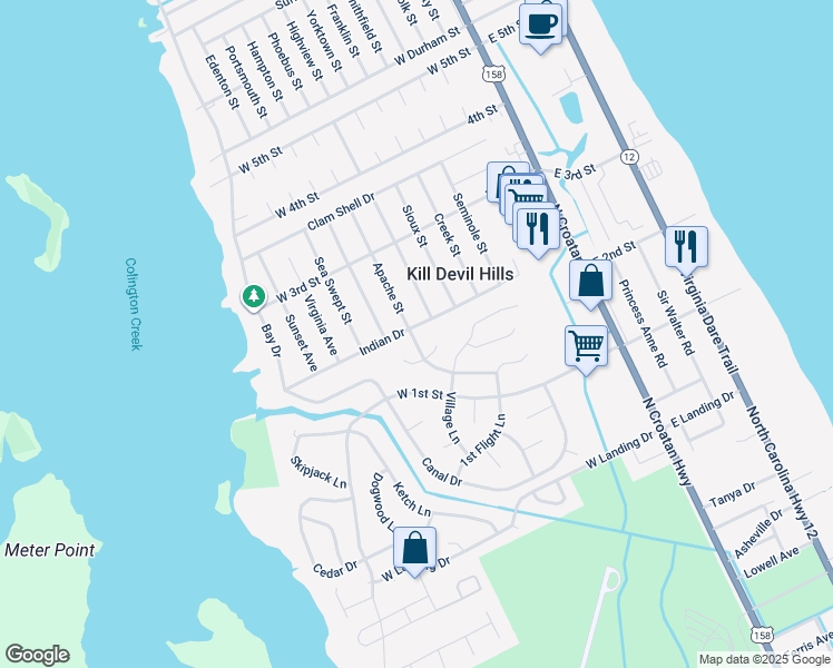 map of restaurants, bars, coffee shops, grocery stores, and more near 707 Indian Drive in Kill Devil Hills