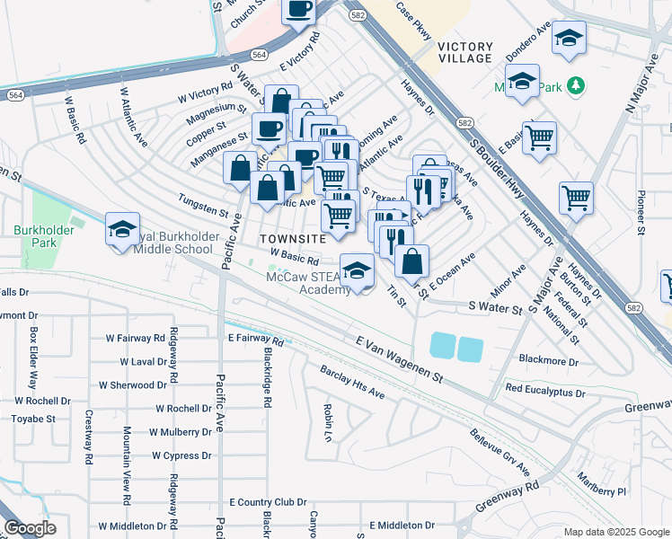 map of restaurants, bars, coffee shops, grocery stores, and more near 23 West Basic Road in Henderson