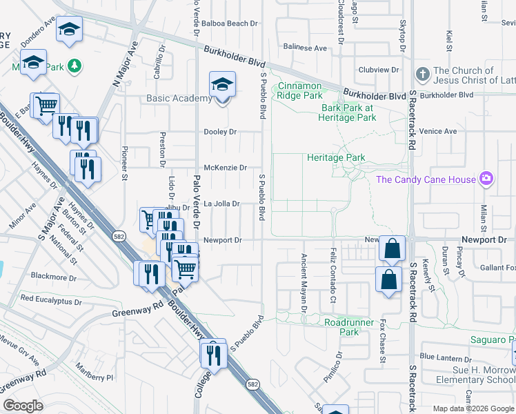 map of restaurants, bars, coffee shops, grocery stores, and more near 138 Bosworth Drive in Henderson
