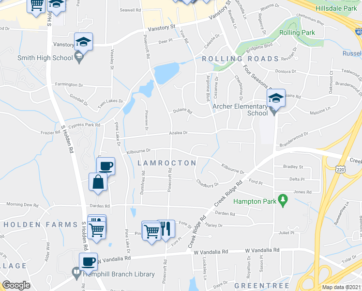 map of restaurants, bars, coffee shops, grocery stores, and more near 1 Weddington Court in Greensboro