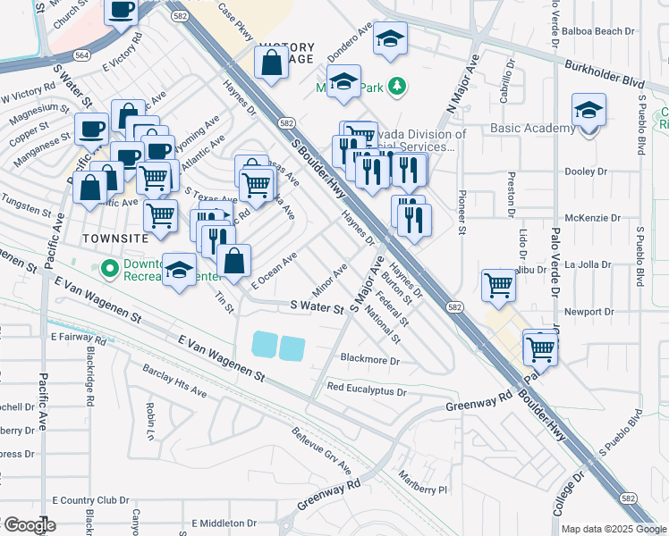 map of restaurants, bars, coffee shops, grocery stores, and more near 443 National Street in Henderson
