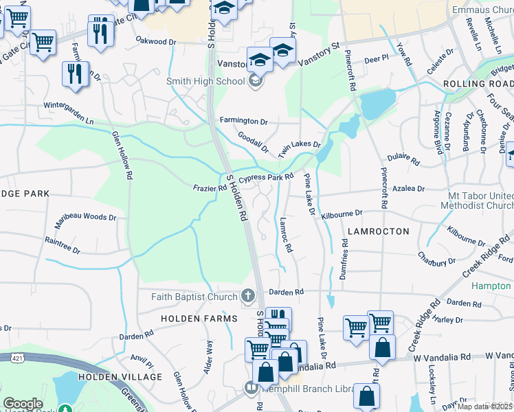 map of restaurants, bars, coffee shops, grocery stores, and more near 3241 Cypress Park Road in Greensboro