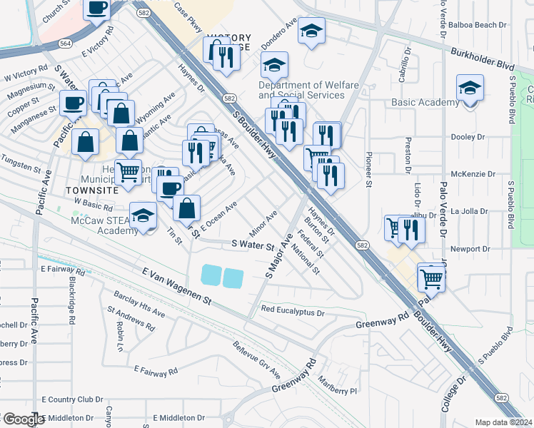 map of restaurants, bars, coffee shops, grocery stores, and more near 443 National Street in Henderson