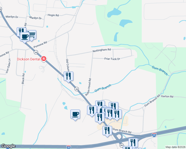 map of restaurants, bars, coffee shops, grocery stores, and more near 116 Robin Hood Road in Dickson