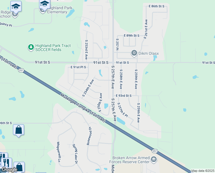 map of restaurants, bars, coffee shops, grocery stores, and more near 9240 South 256th East Avenue in Broken Arrow