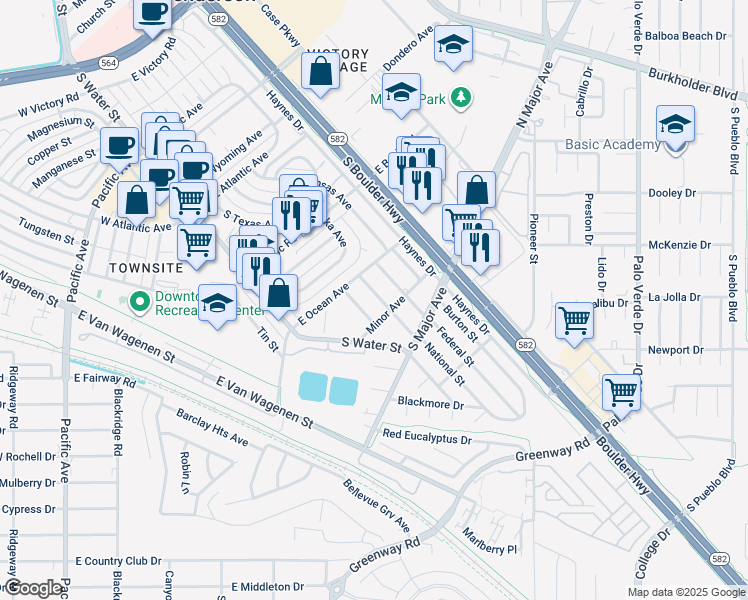 map of restaurants, bars, coffee shops, grocery stores, and more near 430 National Street in Henderson