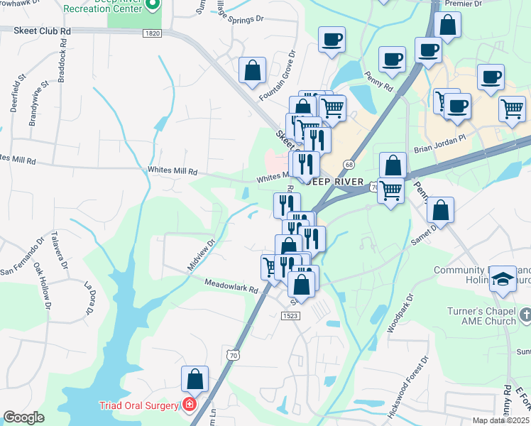 map of restaurants, bars, coffee shops, grocery stores, and more near 3505 Ramsay Street in High Point