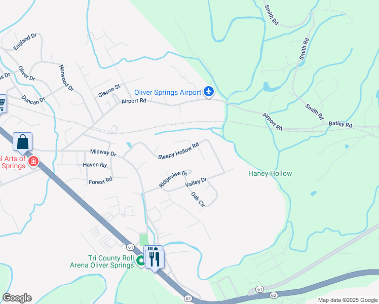 map of restaurants, bars, coffee shops, grocery stores, and more near 637 Sleepy Hollow Road in Oliver Springs