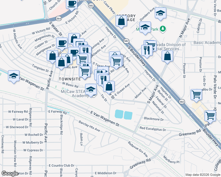 map of restaurants, bars, coffee shops, grocery stores, and more near 333 South Water Street in Henderson