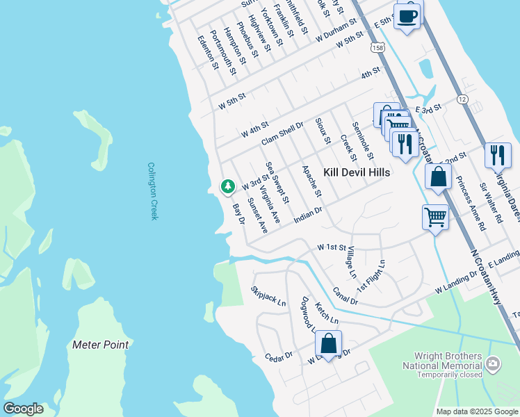 map of restaurants, bars, coffee shops, grocery stores, and more near 1712 Sunset Avenue in Kill Devil Hills