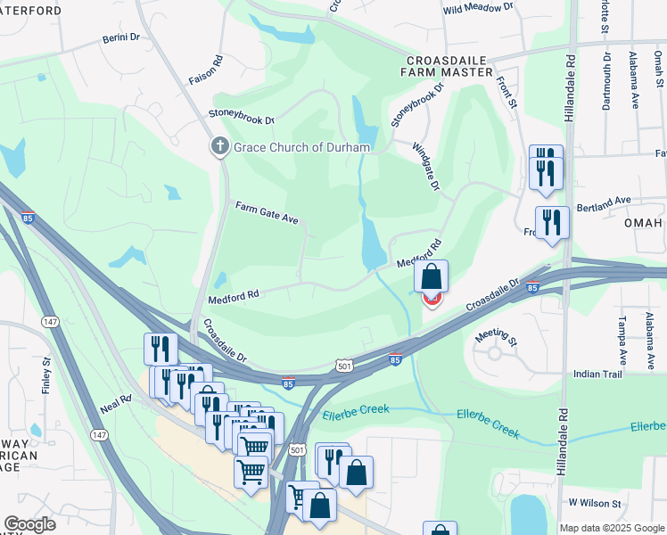 map of restaurants, bars, coffee shops, grocery stores, and more near 3602 Medford Road in Durham