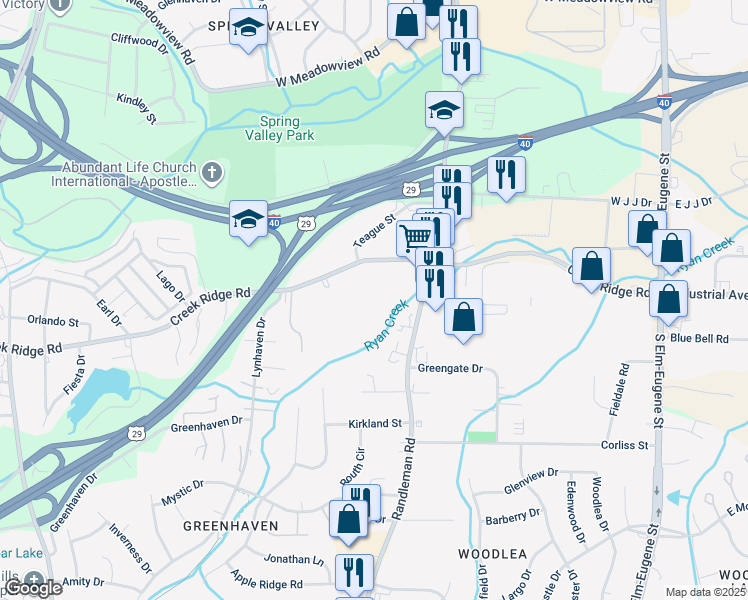 map of restaurants, bars, coffee shops, grocery stores, and more near 607 Creek Ridge Road in Greensboro