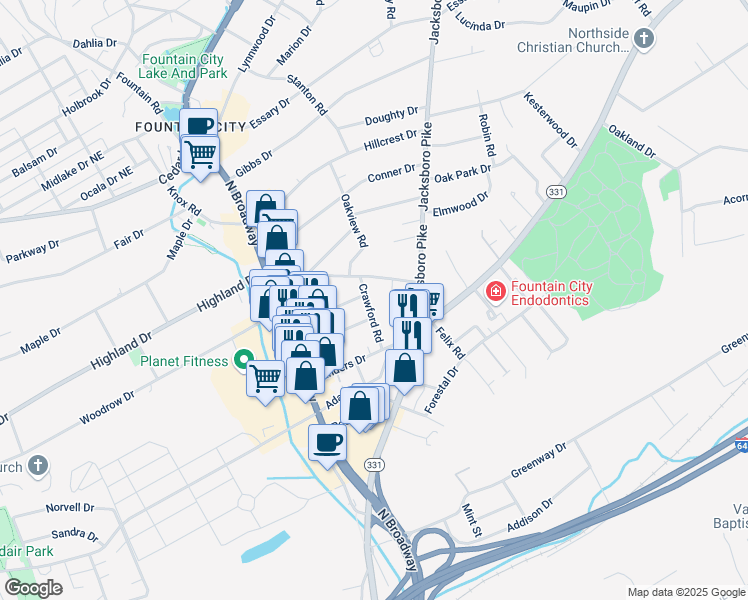 map of restaurants, bars, coffee shops, grocery stores, and more near 200 Crawford Road in Knoxville