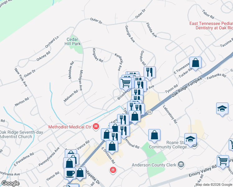 map of restaurants, bars, coffee shops, grocery stores, and more near 144 Broadway Avenue in Oak Ridge