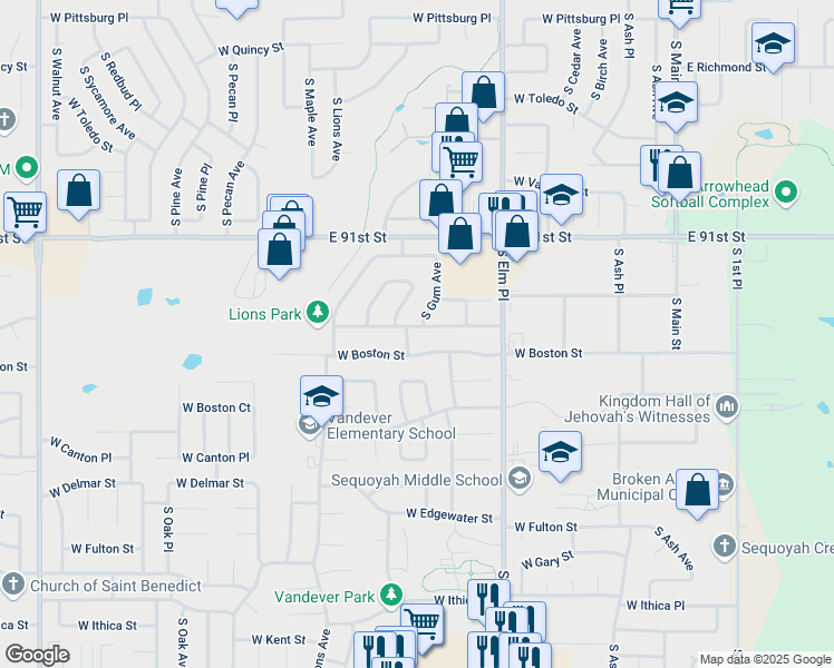map of restaurants, bars, coffee shops, grocery stores, and more near 820 West Boston Street in Broken Arrow