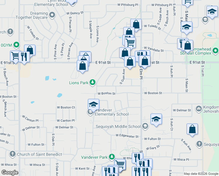 map of restaurants, bars, coffee shops, grocery stores, and more near 908 West Boston Street in Broken Arrow