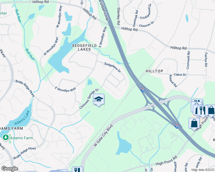 map of restaurants, bars, coffee shops, grocery stores, and more near 5 Hartsfield Court in Greensboro