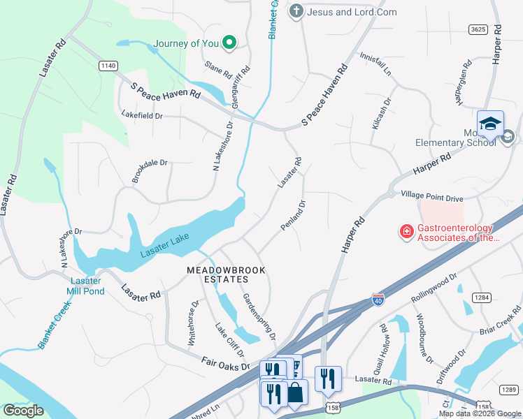 map of restaurants, bars, coffee shops, grocery stores, and more near 7575 Lasater Road in Clemmons