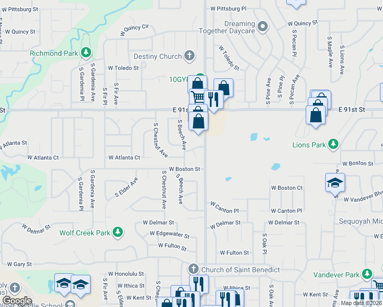 map of restaurants, bars, coffee shops, grocery stores, and more near 2505 East 39th Place in Broken Arrow