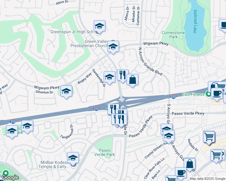 map of restaurants, bars, coffee shops, grocery stores, and more near 55 North Valle Verde Drive in Henderson