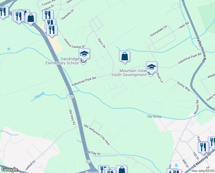 map of restaurants, bars, coffee shops, grocery stores, and more near 604 Princess Way in Dandridge