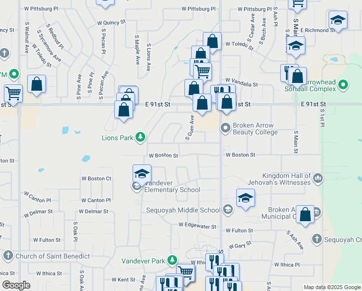 map of restaurants, bars, coffee shops, grocery stores, and more near 909 West Atlanta Court in Broken Arrow
