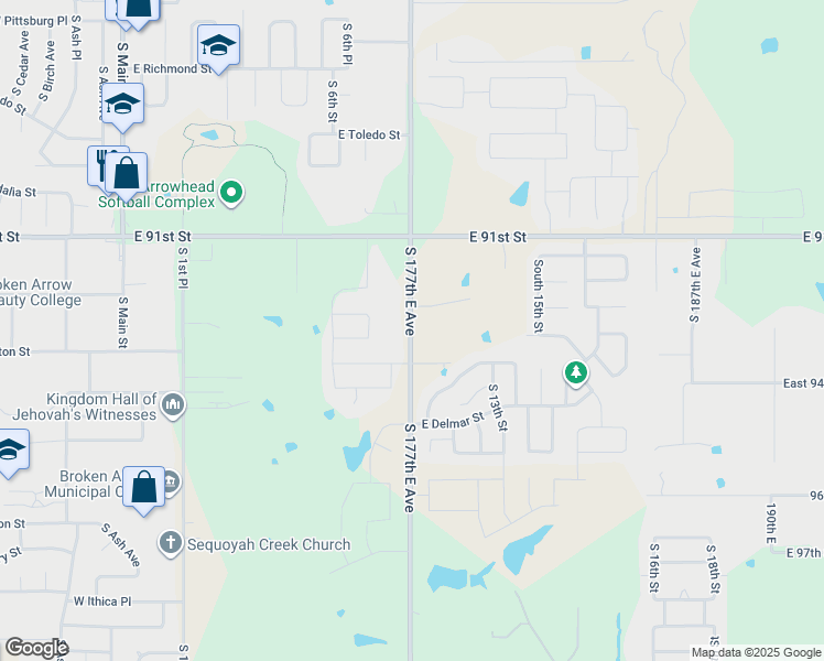 map of restaurants, bars, coffee shops, grocery stores, and more near 2101 South 9th Street in Broken Arrow