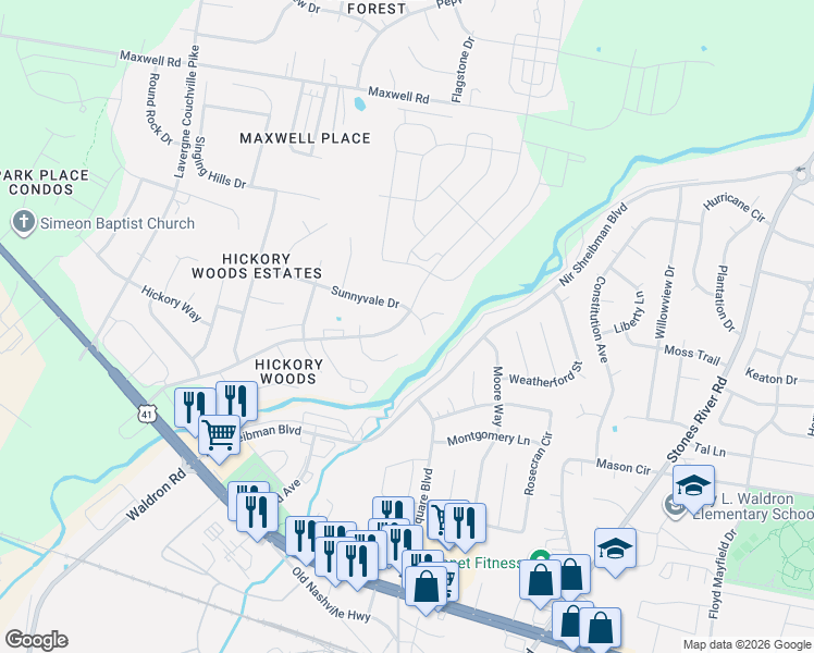 map of restaurants, bars, coffee shops, grocery stores, and more near 6725 Birchbrook Drive in Nashville