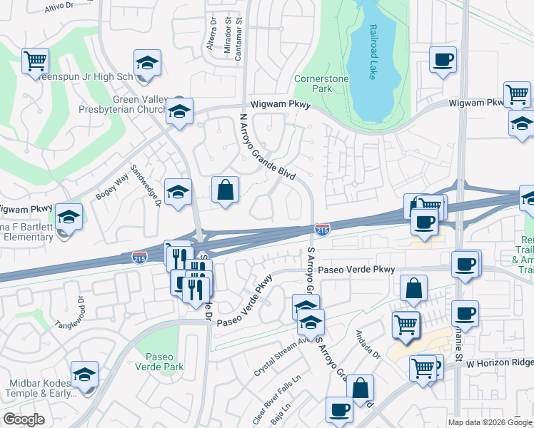 map of restaurants, bars, coffee shops, grocery stores, and more near 6 Desert Dawn Lane in Henderson