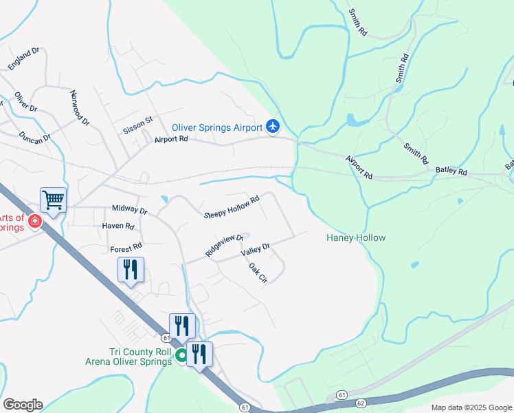 map of restaurants, bars, coffee shops, grocery stores, and more near 637 Sleepy Hollow Road in Oliver Springs