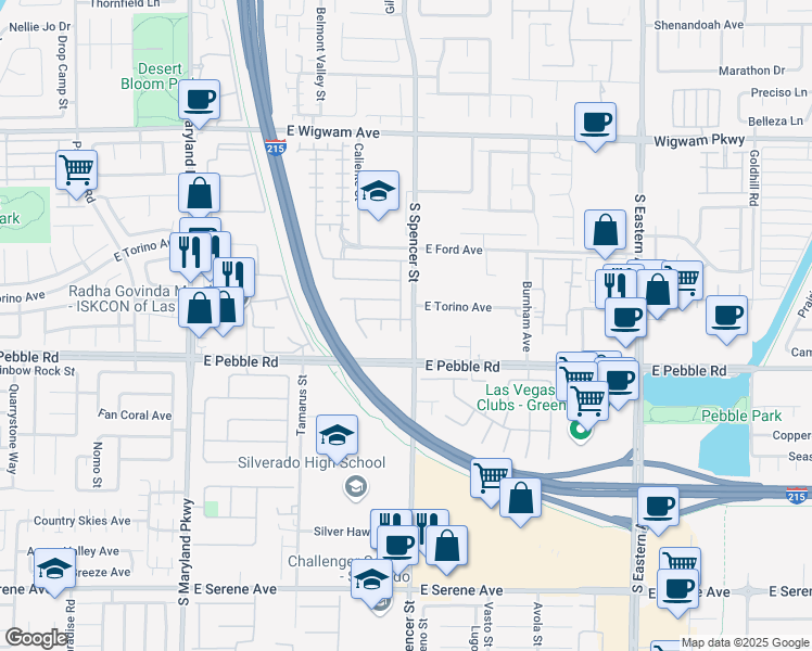 map of restaurants, bars, coffee shops, grocery stores, and more near 8855 South Spencer Street in Las Vegas